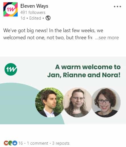 Screenshot of LinkedIn post by ElevenWays, highlighting the fact that they hired 3 new team members in the last couple of weeks
